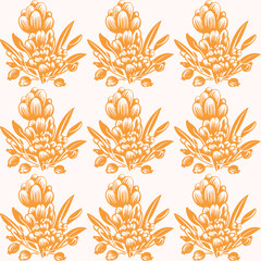 Linocut rural floral folkart seamless vector pattern for block print nature design. Icon of hand drawn quirky plant sprig illustration in tiled background for scandi naive graphic swatch.