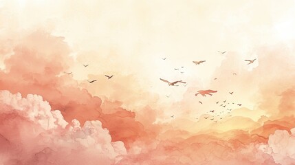 A gentle watercolor illustration of a morning sky, with soft clouds and birds in flight, painted in shades of peach, pink, and gold. 