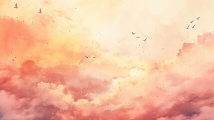 A gentle watercolor illustration of a morning sky, with soft clouds and birds in flight, painted in shades of peach, pink, and gold. 