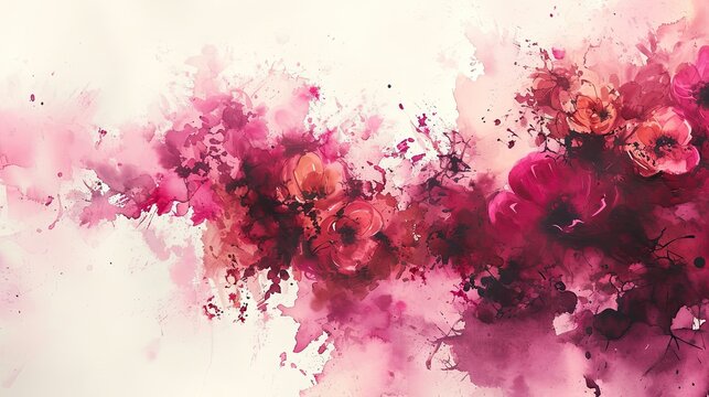 A dynamic, abstract scene created with splashes of watercolor in various shades of reds and pinks. © Dannchez