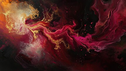 An abstract composition of oil paint swirls and splatters in deep reds, pinks, and golds against a dark background. 