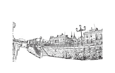 segovia city in spain. Hand drawn sketch illustration in vector.