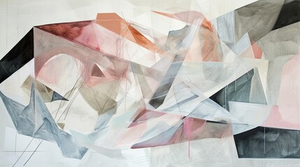 An abstract, geometric composition in watercolor, featuring sharp lines and shapes in a palette of soft pinks, grays, and whites hues. 
