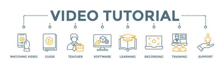 Video tutorial banner web icon vector illustration concept with icon of watching video, guide, teacher, software, learning, screen recording, online training, support