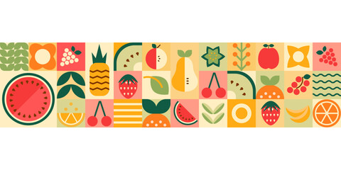 Geometry mosaic fruit seamless border Abstract minimal summer fruits, berries, leaves repeat banner. Vector natural organic plant simple shapes. Geometric illustration of fruit. - 705022959