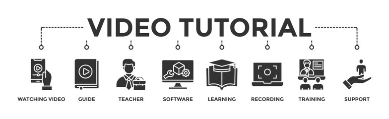 Video tutorial banner web icon vector illustration concept with icon of watching video, guide, teacher, software, learning, screen recording, online training, support