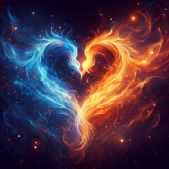 Burning heart. Twin flame logo. Esoteric concept of spiritual love. Illustration on black background for web sites, wallpapers and much more. Created using generative ai tools