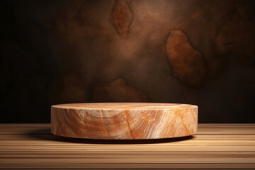 Minimal natural wood podium with sunlight background. Minimal wooden stand for branding and packaging presentation. 