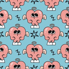 Pink heart angel cartoon mascot groovy Seamless pattern y2k retro style 90s psychedelic minimal for valentine day background wallpaper book cover