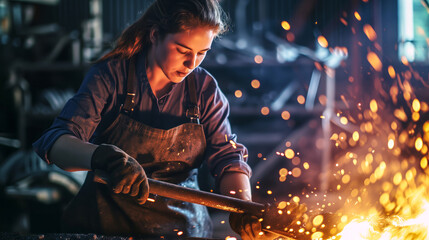 young woman blacksmith engaged in metalwork. generated with ai