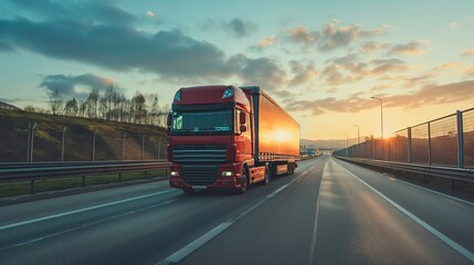 A truck with a trailer is driving on the highway