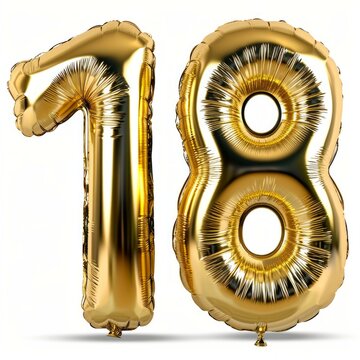 realistic isolated golden balloon number of 18 for invitation decoration on the transparent background.