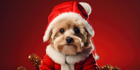 dog wearing santa hat - obrazy, fototapety, plakaty
