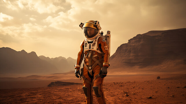 An astronaut who is active on Mars. scene from interstellar movie on mars