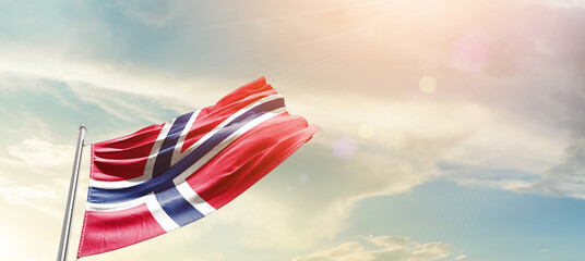 Norway national flag cloth fabric waving on the sky - Image
