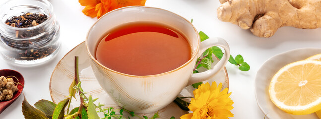 Tea with herbs, fruits, and flowers panorama, shot on a white background. Healthy natural remedy