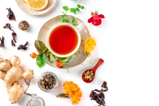 Tea with various ingredients and a place for text. Herbs, fruits, and flowers, overhead flat lay shot on a white background. Healthy natural remedies