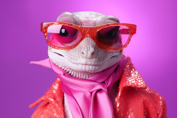 A gecko reptile rocks glamorous high-end couture in this creative animal concept, set against a vibrant background. Perfect for advertisements as well as birthday party invites, invitations, banners