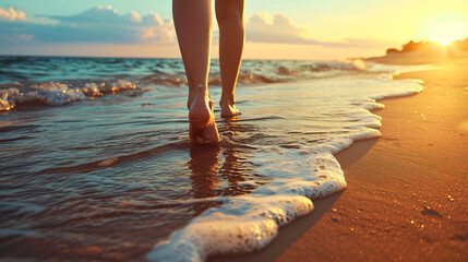 Woman's Feet Walking Along Sea Waves on Sandy Beach at Sunset