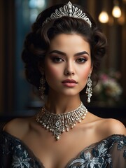 Portrait of stylish and elegant young woman with shimmering jewels adorning her neck
