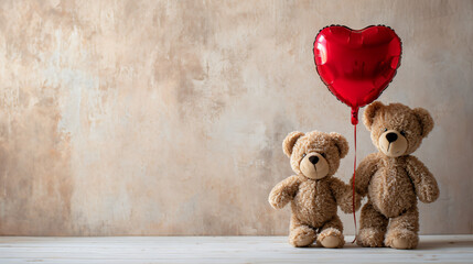 Two Teddy Bears and Heart-Shaped Balloon on Light Beige Background with Copy Space