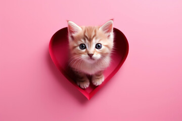 A cute and attractive kitten surrounded by a red heart on a pink background