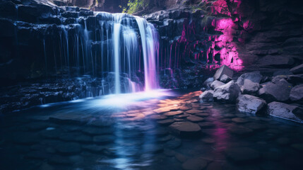 landscape of a waterfall with neon lighting with a magical glow