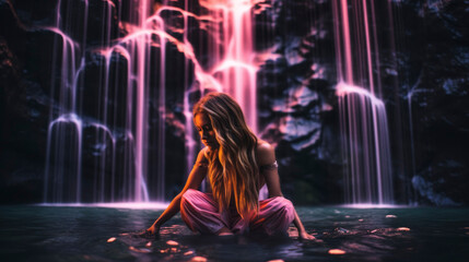 blonde girl sits meditating in the water against the backdrop of a waterfall, magical atmosphere