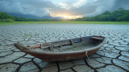A boat sitting on top of a cracked ground. - Powered by Adobe