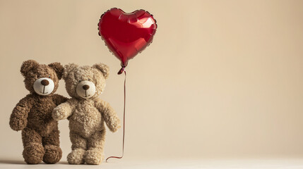 Two Teddy Bears and Heart-Shaped Balloon on Light Beige Background with Copy Space - obrazy, fototapety, plakaty