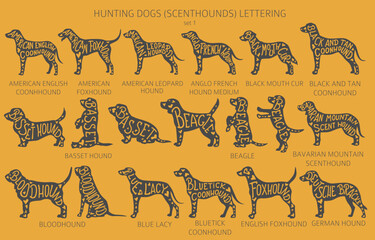 Dog breeds silhouettes with lettering, simple style clipart. Hunting dogs, scenthounds, hounds collection