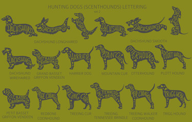 Dog breeds silhouettes with lettering, simple style clipart. Hunting dogs, scenthounds, hounds collection