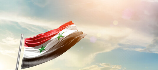 Syria national flag cloth fabric waving on the sky - Image - obrazy, fototapety, plakaty