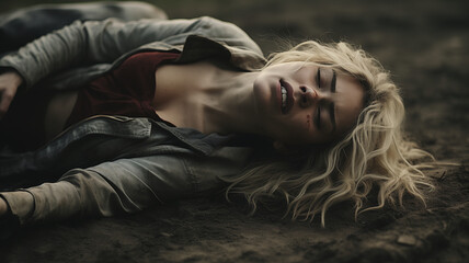 Attractive blonde haired woman lying on the ground apparently injured - obrazy, fototapety, plakaty