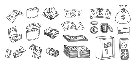 Money set doodle vector illustration. Falling and folded banknotes, credit card and coins. Hand drawn sketch style icons. Financial Literacy Month