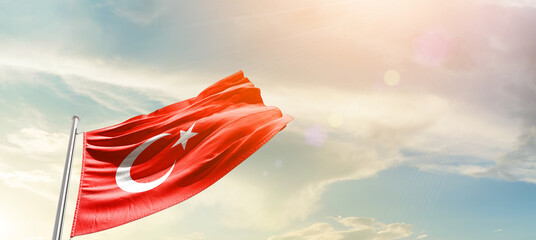 Turkiye national flag cloth fabric waving on the sky - Image - obrazy, fototapety, plakaty