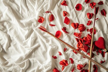 Romantic Bed Decor: Experience a romantic setting with white sheets beautifully decorated with hearts and Cupid's arrows, perfect for a special celebration on Valentine's Day, featuring generous copy 