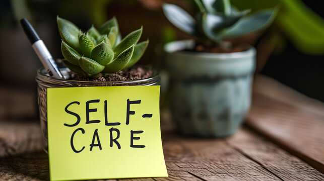 Inscription self-care written with a marker on a post-it note next to a flower on a table