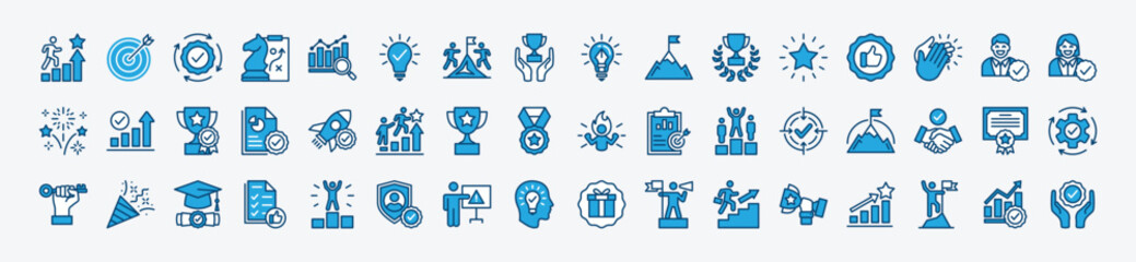 Success icon set. Successful business goal and target. Contains plan, process, strategy, idea, creative, teamwork, achievement, winner, award, leadership, solution, and more. Vector illustration