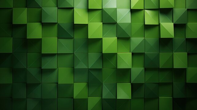 Green wall pattern Semigloss blocks triangular 3D texture Background. AI generated image