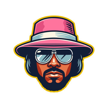 Pimp head in purple hat and gold glasses isolated	
