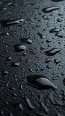 A close up of water droplets on a black surface.