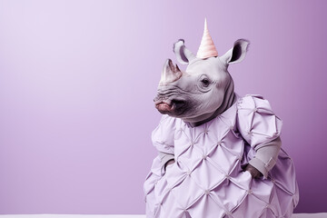 A rhinoceros dons glamorous high-end couture, isolated on a bright background. This creative animal concept is perfect for advertisements Also ideal for birthday party invites, invitations, and banner