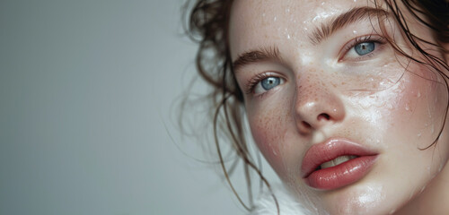 beauty scandinavian nordic pale young woman closeup with natural clean skin for skincare brand...