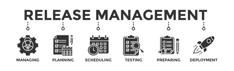 Release management banner web icon vector illustration concept with icon of managing, planning, scheduling, building, testing, preparing and deployment