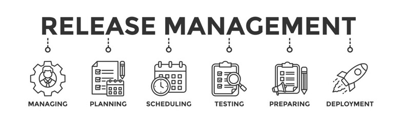 Release management banner web icon vector illustration concept with icon of managing, planning, scheduling, building, testing, preparing and deployment