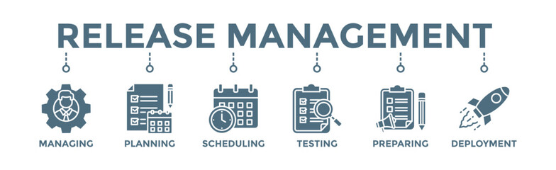 Release management banner web icon vector illustration concept with icon of managing, planning, scheduling, building, testing, preparing and deployment