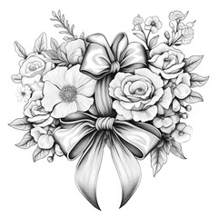 Beautiful flowers with ribbon. Black and white vector for card or gift, for coloring.