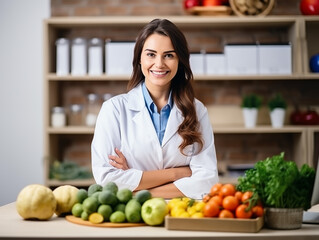 Cheerful nutritionist with fruit and vegetables, promoting healthy eating.