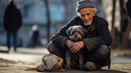 An elderly stray man sitting on the street with a photograph of his family